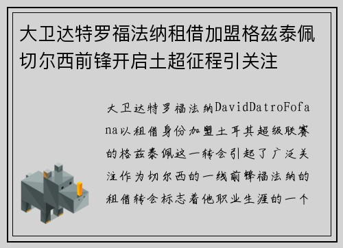 大卫达特罗福法纳租借加盟格兹泰佩切尔西前锋开启土超征程引关注 大卫达特罗福法纳租借加盟格兹泰佩切尔西前锋开启土超征程引关注