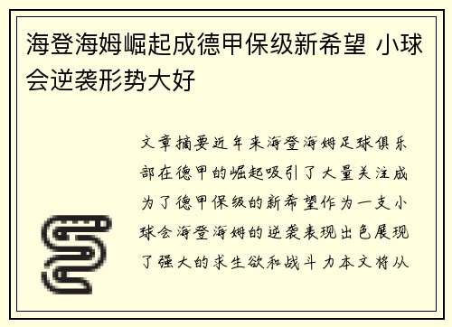 海登海姆崛起成德甲保级新希望 小球会逆袭形势大好